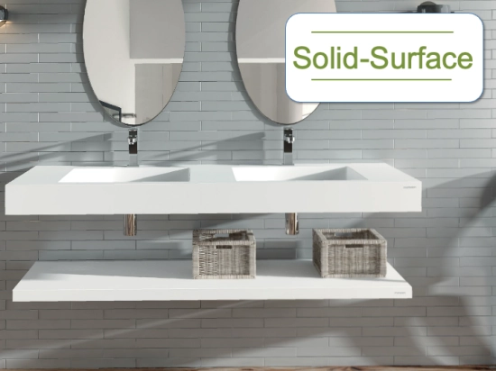 Plan vasque Design, fabrication sur mesure, Largeur 120 à 200 cm x Profondeur 40 à 60 cm, résine minérale ACRYSTONE® SOLID-SURFACE Finition lisse blanc mate, Livraison Offerte et Rapide.